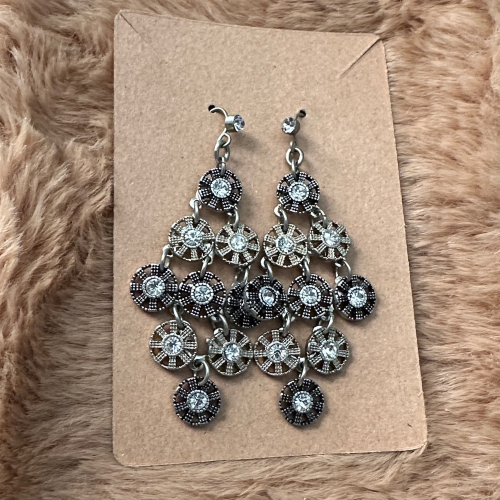 Vintage Premier Design Silver Tone Rhinestone Chandelier Dangle Post Earrings